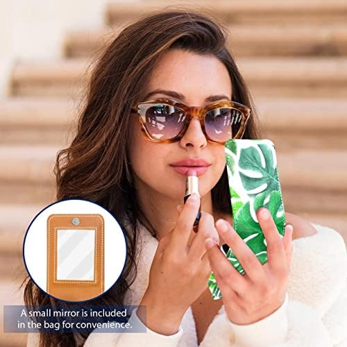 מיני שפתון מקרה טרופי ירוק עלים דקל שפתון ארגונית עם מראה כפתור סגירת איפור מחזיק נסיעות עור