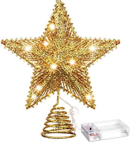 Aoriher 20 אור 10 אינץ 'עץ חג המולד טופר LED בצורת כוכב טופר עם אורות LED לבנים חמים לחג חג המולד תפאורה עונתית