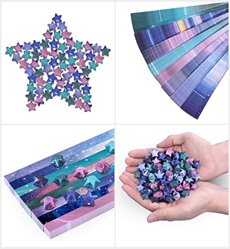 PaperKiddo 800 גיליונות אוריגמי כוכבי נייר 8 עיצובים שונים של שמיים יפים שמיים לאמנויות נייר מלאכות ילדים זוהרים