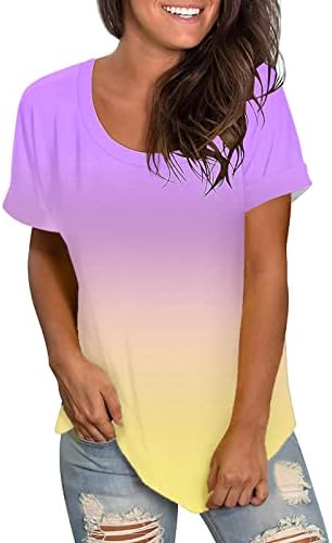 אישה של קיץ חולצות נשים מקרית ססגוניות שיפוע הדפסה עגול צוואר קצר שרוול מחייב רופף חולצה למעלה