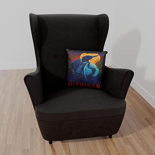 מישיגן Moondance Loon Canvas זורק כרית לספה או לספה בבית ומשרד מציור שמן מאת האמן קארי לר 18 x 18.