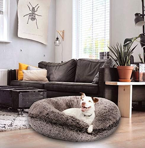 מיטת כלב בסי וברני בייגל - מיטת שעועית כלב פרווה מלאכותית קטיפה נוספת - מיטת כלב מעגל-בטנה עמידה למים וכיסוי