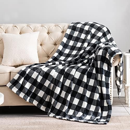 צמר פלייט זורק שמיכה למיטת ספה ספה, עיצוב משובץ באפלו שמיכה משובצת בשחור לבן, שמיכות חמות רכות ומעורפלות