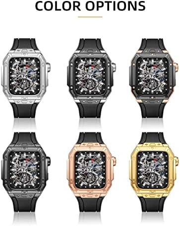 Nibyq Luxury Metal Watch Case+Strap for Apple Watch Series 8 7 45 ממ צמיד גומי רצועת נירוסטה עבור iWatch