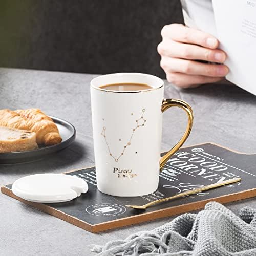 טילני קרמיקה סגולת ספל סט מתנה - ספל קפה קונסטלציה עם מכסה וכף זהב - כוסות תה אסטרולוגיות לבנות גדולות