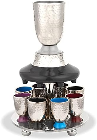 תצוגה אלגנטית סט מזרקת יין לקידוש - מתכת מרוקעת עם פירוט אמייל-גביע גדול, 8 כוסות ירייה תואמות