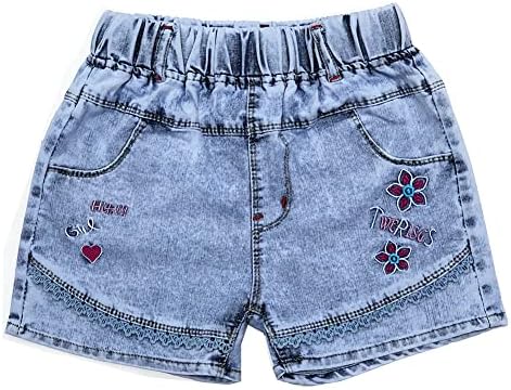 פיוולאט 2-11 שנים קטן & גדול בנות קיץ ג 'ינס מכנסיים קצרים חגורת גומי פרח רקמת קרע ג' ינס