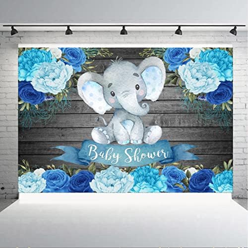 תפאורות מקלחת תינוק פיל ילד 6 על 4 רגל כחול פרחוני צבעי מים פרחים כפרי עץ מרקם עץ קיר צילום רקע