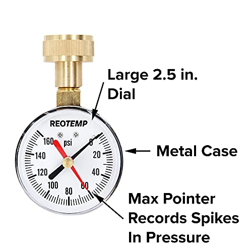 REOTEMP PD25H 2.5 מד בדיקת לחץ מים ביתי עם מצביע מקסימום, 0-160 psi, 3/4 חוט צינור גן נקבה, מד צינור ביב