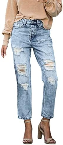 מכנסי ג'ינס לחבר לנשים קרעו במצוקה דקיקים מתאימים מכנסי ג'ינס עם כפתור רגל ישר מכנסי קרסול עם כיס