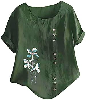 נשים של כותנה פשתן חולצות קיץ קצר שרוול כפתור גדול חולצות פרחוני הדפסת צווארון מקרית טוניקת חולצות