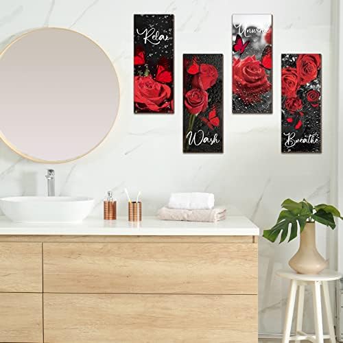 סט טאטו של 4 רוז אדום אדום קיר קיר קיר עץ ורד קיר אמבטיה אמנות אמנות נושם שטיפה הרגע להירגע של