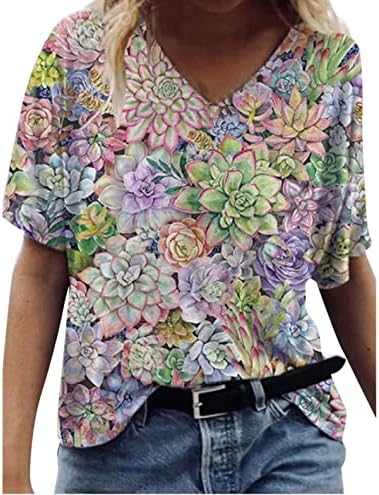 חולצת טיף לנשים לנשים קיץ סתיו שרוול קצר V צוואר פרפר ציור הדפסים עליונים בנות 2023 MZ