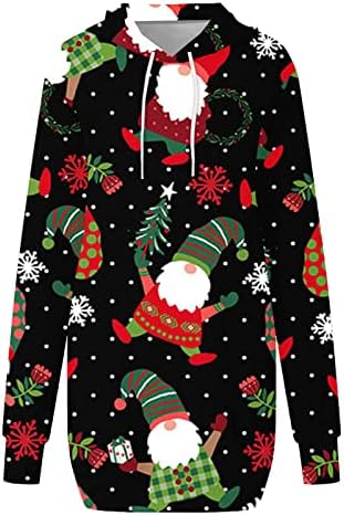 Ruziyoog נשים שמלת קפוצ'ונים של חג מולד שמח מכוערת מודפסת שרוול ארוך סוודר שרוך חג המולד מיני שמלות סווטשירט