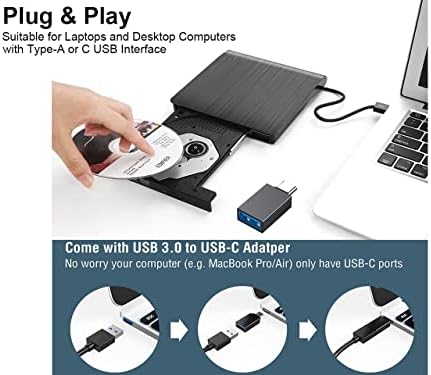 כונן DVD חיצוני של Baisder למחשב נייד, נגן DVD של USB C CD עבור MAC, סוג C USB 3.0 מטרה כפולה CD DVD ROM תואם