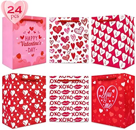 24 יחידות קטן האהבה מתנת שקיות, האהבה יום נייר לטפל גודי שקיות עם ידית לילדים 6 עיצובים לבבות