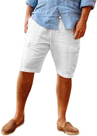 מכנסי מטען של פשתן גברים 7 אינץ 'קיץ מזדמן מותניים מזדמנים מכנסיים קצרים משוררים מכנסיים קצרים לחוף רגיעה מכנסיים