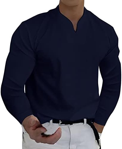 חולצות הנלי של גברים V גברים שרוול ארוך, שריר אביב רזה מתאים לעסקים חולצת טריקו מזדמנים עם כיס עם