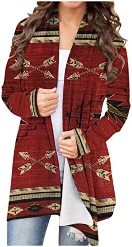 מעילים מזדמנים של נשים מערביות הדפס אתני עליון רטרו רופף אצטק הדפס חולצה שרוול ארוך קרדיגן מעיל עליון