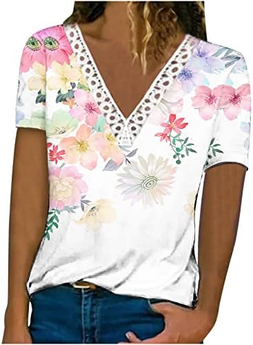 2023 קיץ קצר שרוול חולצות לנשים סרוגה תחרה צווארון טי חולצות פרחוני הדפסת מקרית טוניקה למעלה עבור בני נוער בנות