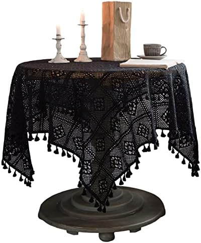 מפת שולחן תחרה סרוגה אפוט עם כיסוי שולחן מלבני של ציצית לקישוט מסיבת חתונה במטבח שחור 55x55 אינץ '