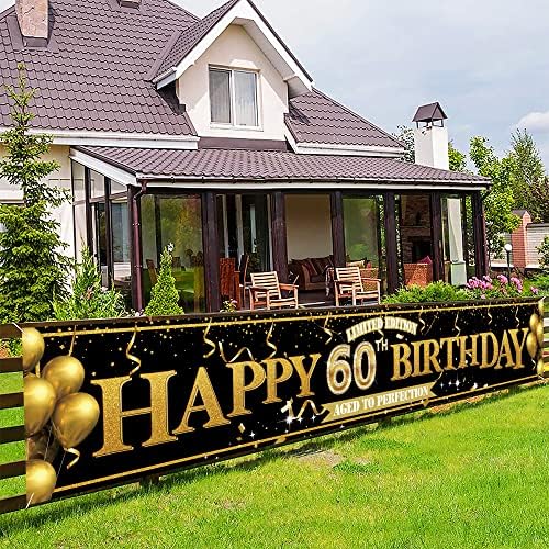 באנר גדול יום הולדת 60 מאושר - סרט בלון זהב שחור שמחה שלט יום הולדת 60, מהדורה מוגבלת של קישוטי מסיבת