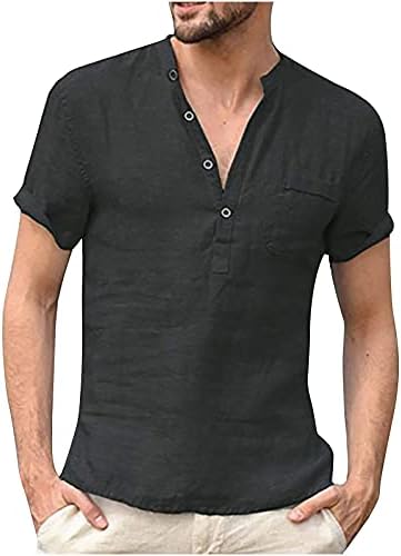 חולצות פשתן של גברים הנלי חולצה קצרה שרוול קצר חולצה קלה משקל קל משקל חוף קיץ עם כיסים