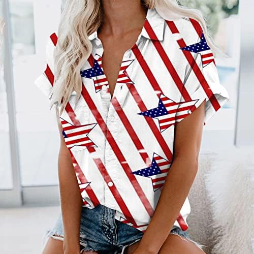 נשים 4 ביולי כפתור למטה חולצות אמריקאי דגל מודפס חולצות פטריוטס חג חולצה מגולגל שרוול צווארון טיז