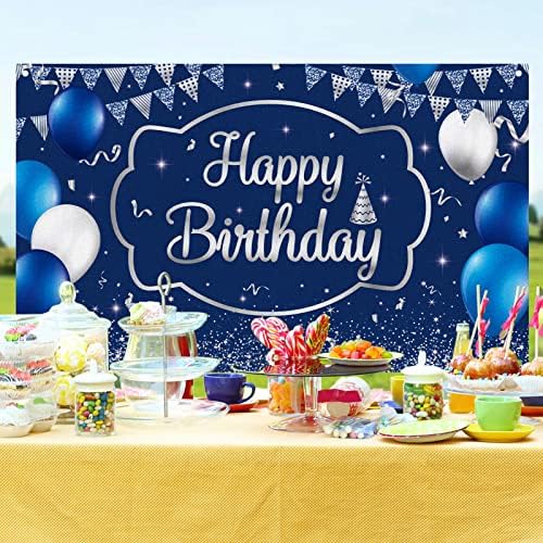 באנר רקע יום הולדת שמח, כסף וכחול כהה אספקת קישוט למסיבת יום הולדת לאביזרי תא צילום רקע חיצוני מקורה, 71 על 43