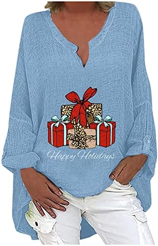 חולצות סתיו נשים נ 'פשתן צוואר חג מולד שמח חולצות טחנות אימון מצוידות לנשים