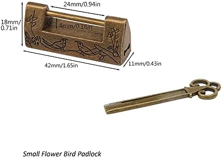 סינית קטנה וינטג 'מגולפת מנעילת ציפורים מנעול תפס עתיק דקורטיבי עם מפתח למגירת קופסאות תכשיטים ארונות