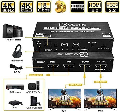 Ulbre hdmi מפצל 2 ב -2 בחוץ, מתג HDMI 2x2 תיבת מתג עם אודיו אודיו 3.5 ממ ושלט רחוק IR, תומך ב- HDR