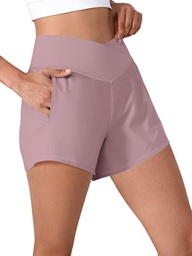 מכנסיים קצרים של אימון המותניים של נשים עם מכנסיים אתלטים רכים חמאים בכיס מכנסיים קצרים במותניים גבוהים