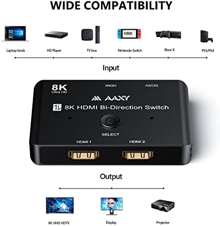 8K מפצל HDMI 【HDMI 2.1 כבל 4ft】, 8K@60Hz מתג HDMI, 48 ג'יגה -ביט לשנייה דו כיוונית מתג HDMI