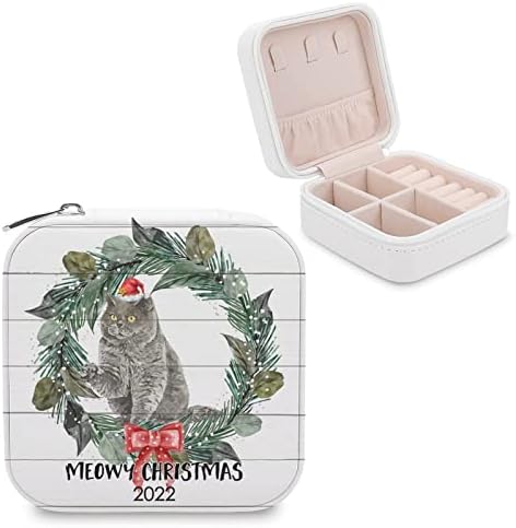 קופסת תכשיטים לחתול חג המולד Meowy Pu PU קטן מארגן נופש נייד מארגן תצוגה קופסת אחסון קופסת טבעות, עגילים, שרשראות,