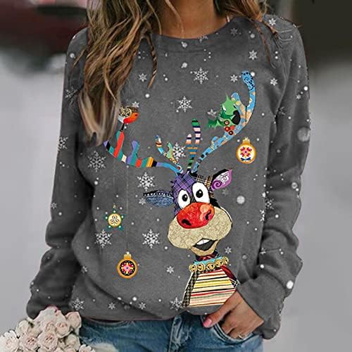סוודר חג מולד מכוער של נשים מצחיק איילים חמודים הדפס חולצות שרוול ארוך סתיו סווטשירט סווטשירט
