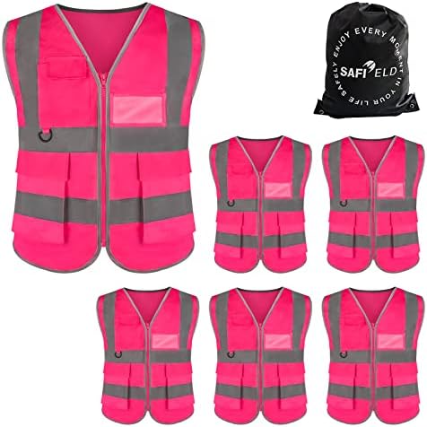 Safield Safety Work Leftective Work Vest 6 חבילה לגברים ונשים עם 8 כיסים ורוכס