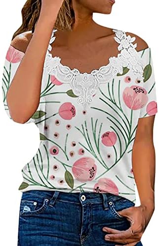 חולצות טריקו של נשים חולצות נשים מעל כתף כתף כתף פרחית שרוול חולצה שרוול קיץ רגיל שרוול ארוך T