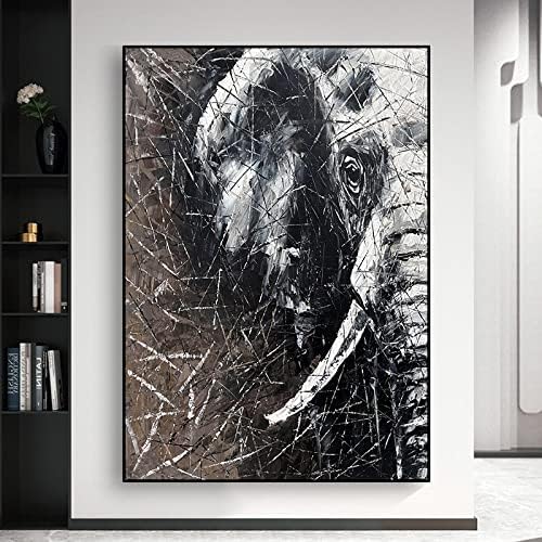 ציור שמן צבוע ביד על אמנות קיר בד, שחור & amp; פיל לבן חיה חיה ריפוי חם מרקם 3D מרקם בלט קיר אמנות לאמנות