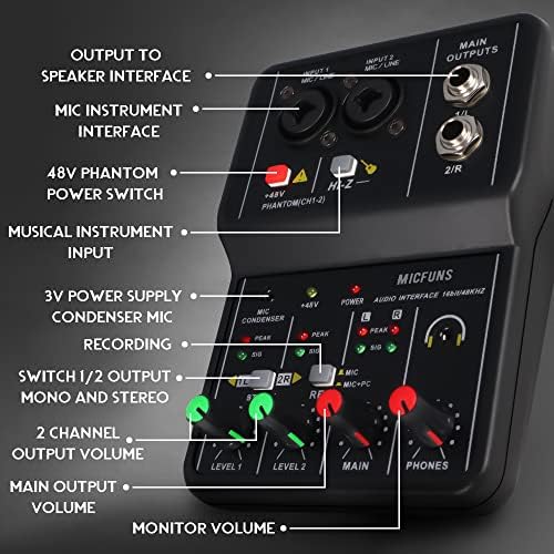 ממשק קונסולת מיקסר אודיו מיני 2 ערוצים עם 48 וולט פאנטום פאוור קומבו ג ' ק מיקרופון / גיטרה