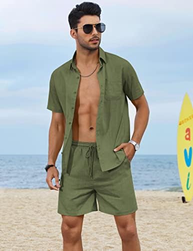 גברים קואופנדי 2 חתיכות סט פשתן חולצה שרוול קצר מזדמן ותפאורת חוף קצרה