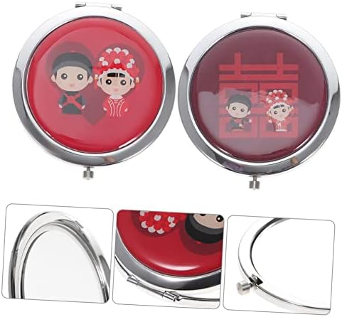 2 יחידות מראות עגול כיס קומפקטי אדום זוג הכלה ארנק קישוט קטן מראה צדדי סיני עבור-מיני נייד כפול