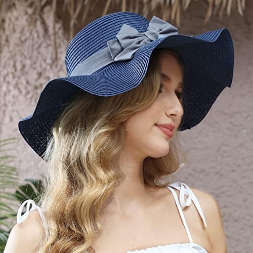 טחנת רוח נשים קש אש כובע שוליים רחבים הגנת UV מתקפלת על חוף קיץ חוף דיג כובעי תקליטון עם קשת פשתן