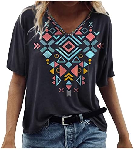 חולצות קיץ של נוקמופו לנשים הדפס רטרו הדפסה גיאומטרית הדפסה גיאומטרית V-צווארון V-Roeveeved חולצות