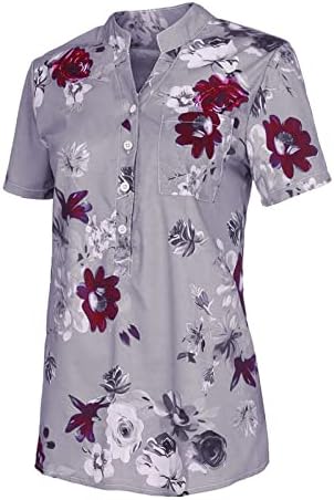 צמרות קיץ לנשים 2023 כפתור שרוול קצר למטה חולצות פרחים הדפסת חולצות אלגנטיות עם כיסי חזה טוניקות