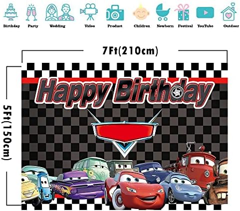 מרוצי מכוניות לילדים בנים אספקת מסיבת יום הולדת קריקטורה סיפור רכב שחור לבן רשת דגל רקע לצילום מסיבת יום הולדת