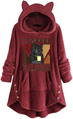 שרוול ארוך לנשים חתול קפה שחור מודפס סווטשירט סוודר קפוצ'ון קפוצ'ון קפוצ'ונים בסגנון חולצה חמודה נשים
