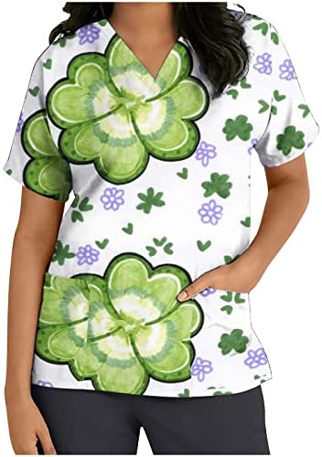 SCRUB_TOP SCRUB_TOP SHAMROCK מודפס לבגדי עבודה V-צווארון שרוול קצר חולצות חולצות סנט פטריק מדים עובדים