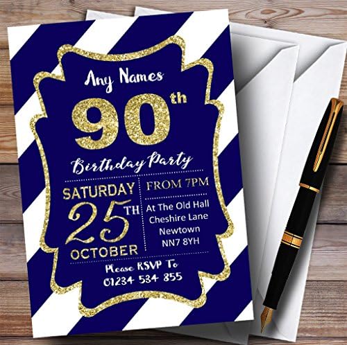 פסים אלכסוניים לבנים כחולים זהב 90 הזמנות למסיבת יום הולדת בהתאמה אישית