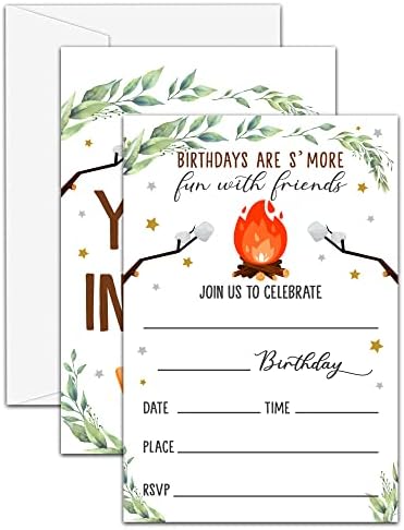 הזמנות למסיבת יום הולדת של Utesg Smores, הזמנות ליום הולדת קמפינג לבנות בנות, מזמנות מילוי מדורה, קישוטים למסיבת